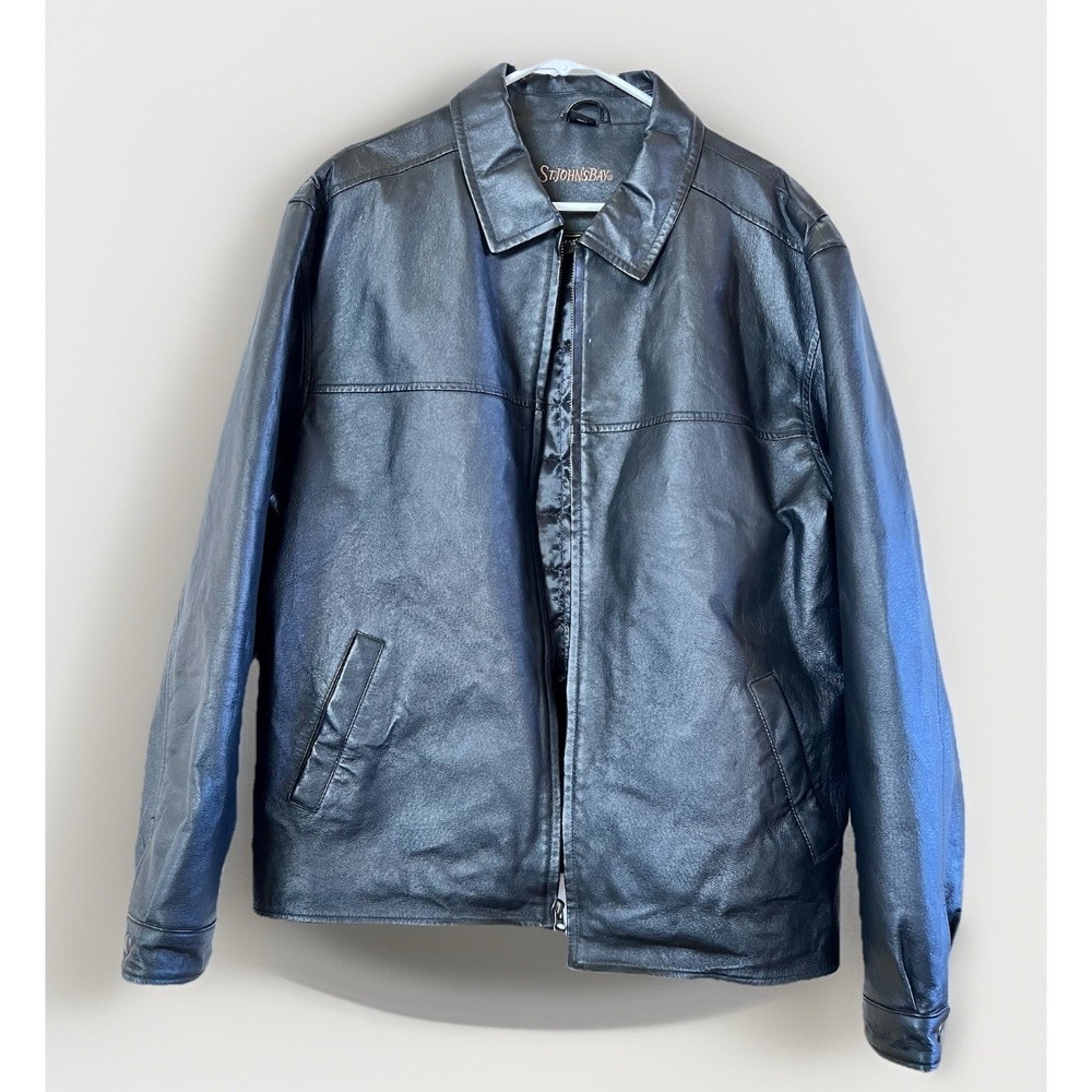 St. Johns Bay Leather Bomber Jacket Mens Black Size XL Tall‎